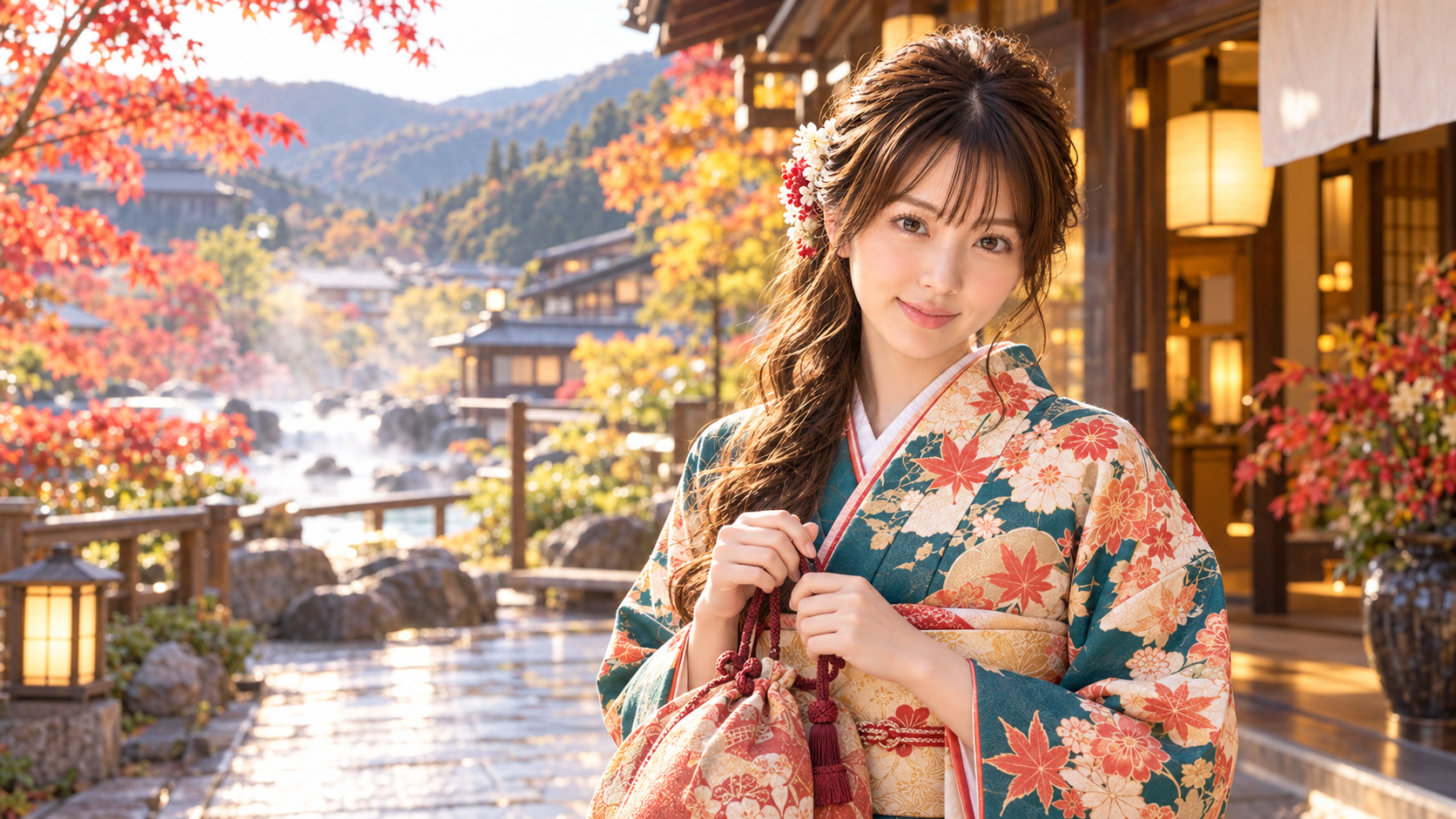 紅葉が美しい温泉街の旅館を訪れる着物姿のみお